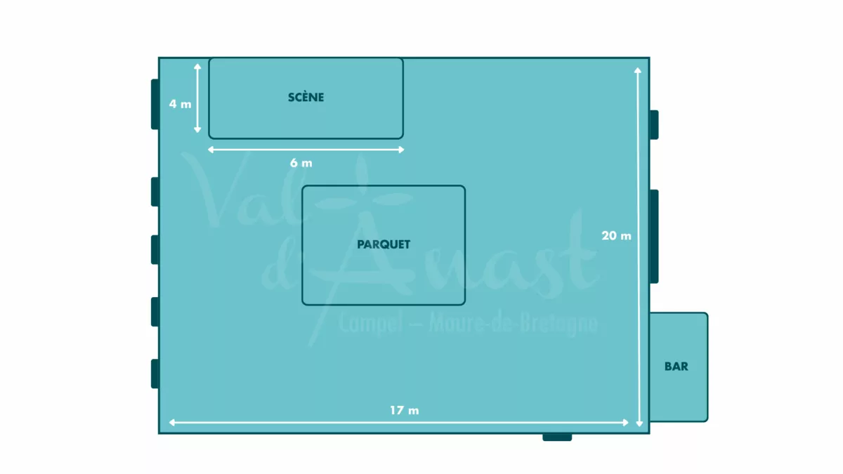 La salle polyvalente de Campel à laquelle ce plan se réfère est disponible à la location pour les particuliers, professionnels et associations. Dans le cœur du bourg de Campel, elle est équipée d'un parquet, d'une scène, d'un bar. Prenez contact avec le Pôle Événementiel via le formulaire de pré-réservation en ligne.